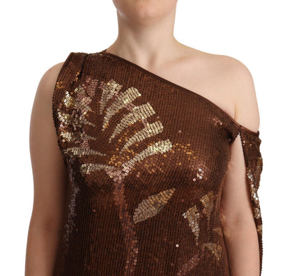Brown Leaf Sequined One Shoulder Maxi Dress
