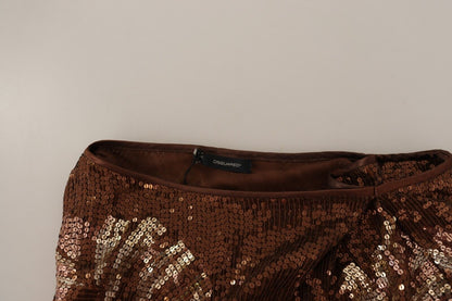 Brown Leaf Sequined One Shoulder Maxi Dress