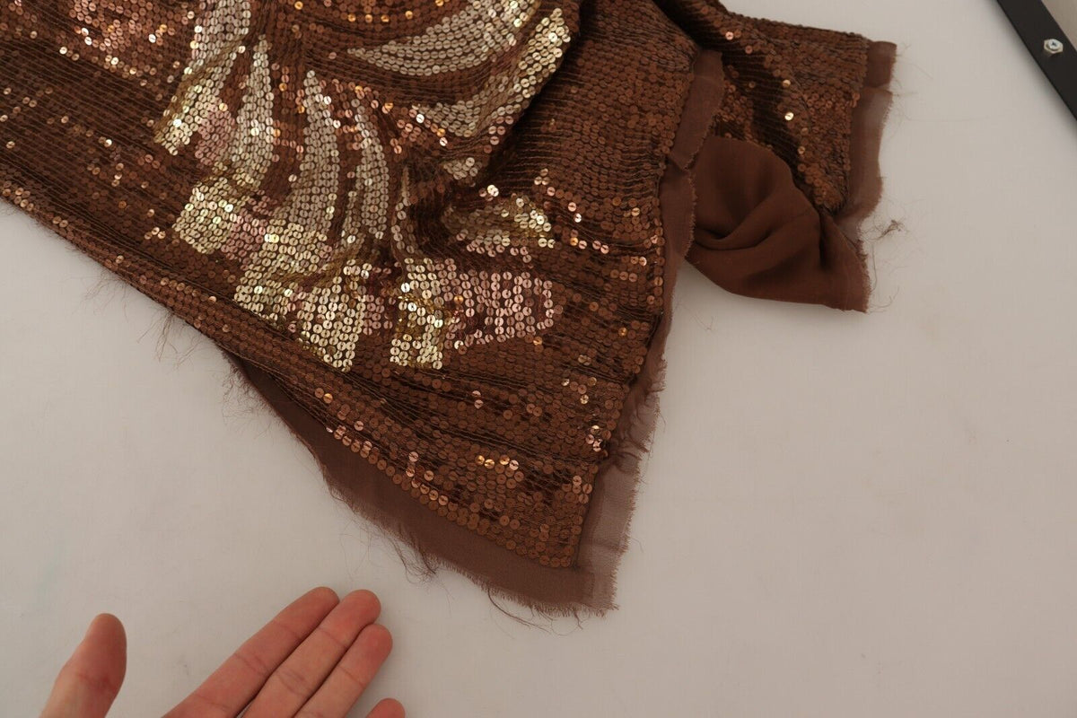 Brown Leaf Sequined One Shoulder Maxi Dress