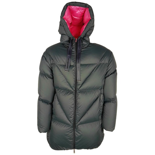  - Elegant Fuchsia-Lined Grey Down Duvet Jacket