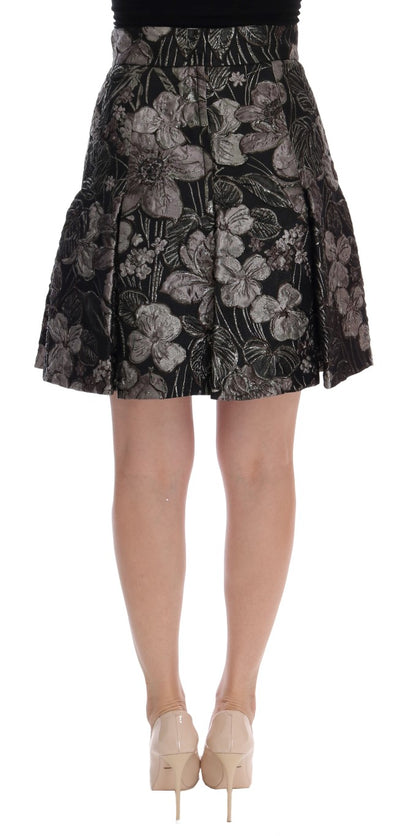  - Elegant Black Silver-Floral Straight Skirt