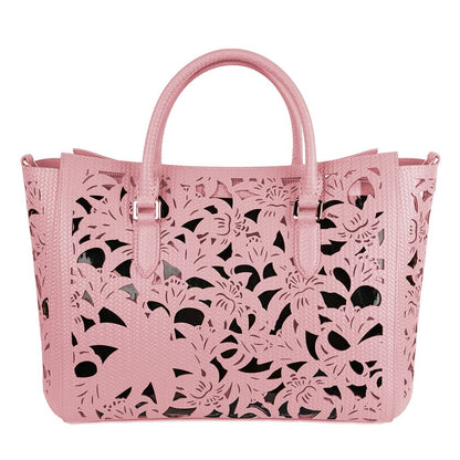  - Chic Pink Calfskin Handbag with Floral Accents