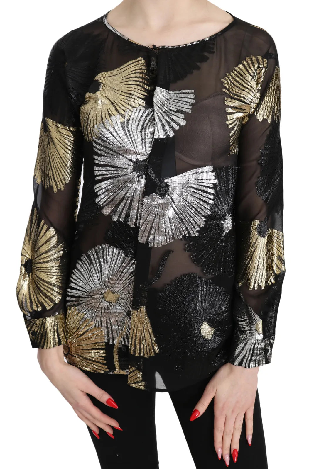  - Gold Silver Silk Jacquard See Through Top Blouse