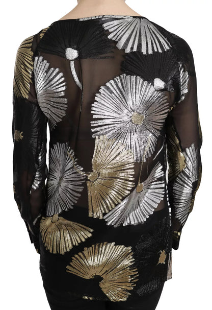  - Gold Silver Silk Jacquard See Through Top Blouse