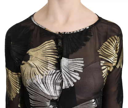  - Gold Silver Silk Jacquard See Through Top Blouse