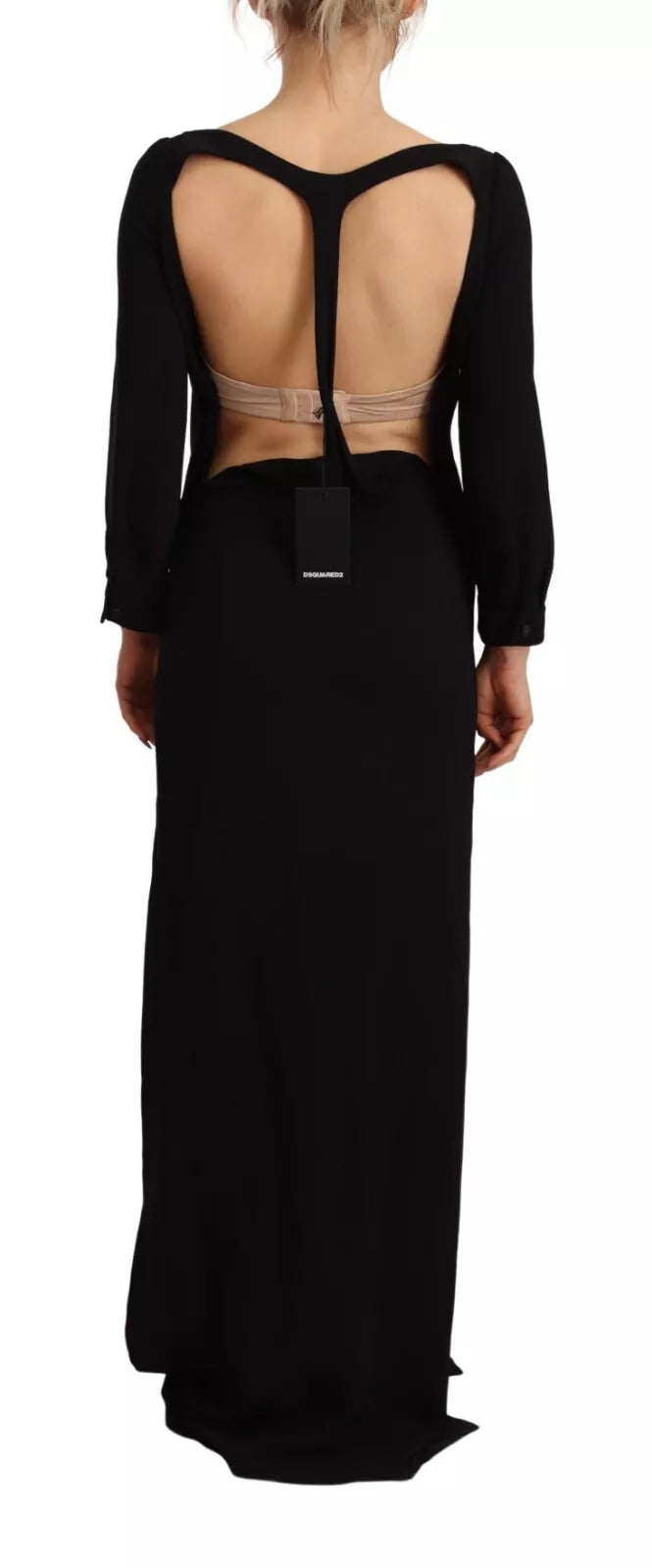  - Black Long Sleeves Side Slit Floor Length Dress