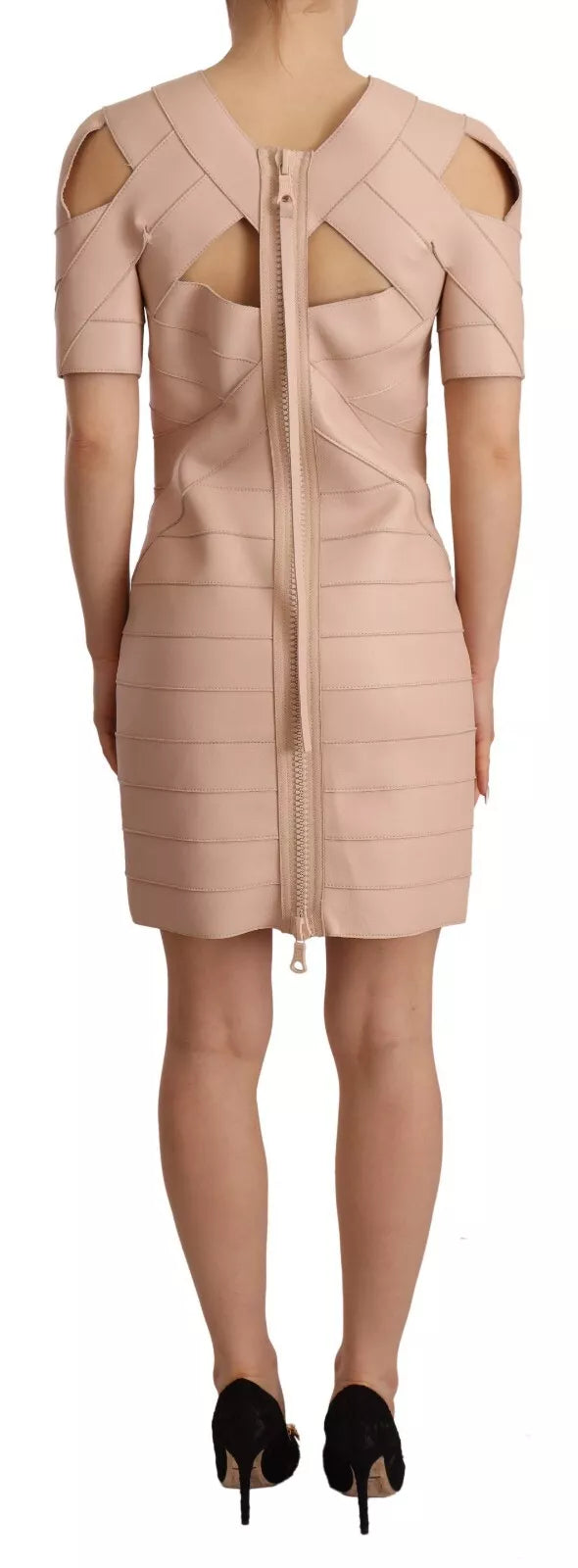  - Beige Leather Open Shoulder Sheath Mini Dress