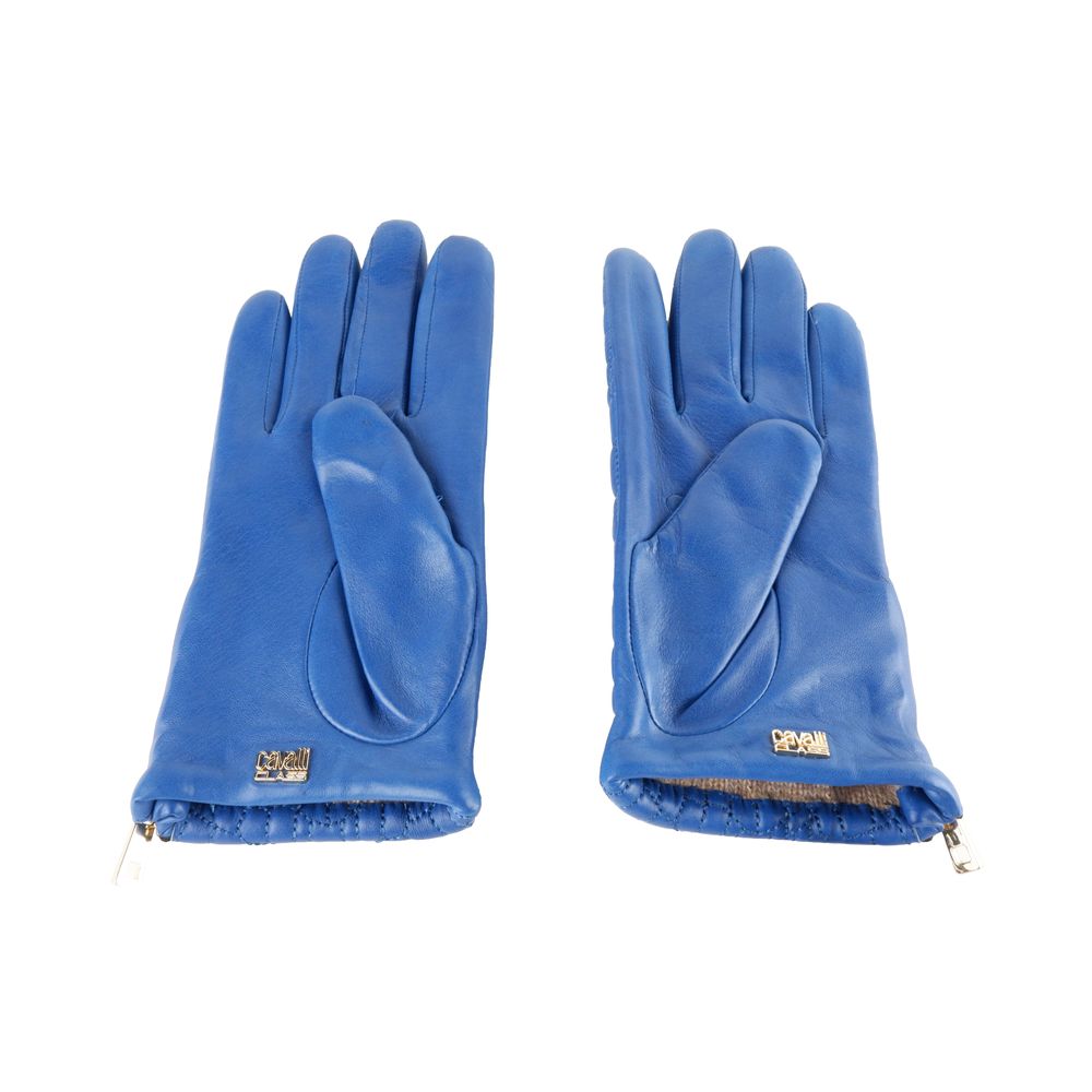 Blue Lambskin Women Glove with Gold Zip Detail