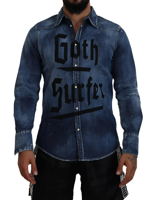  - Blue Washed Goth Surfer Print Men Denim Shirt