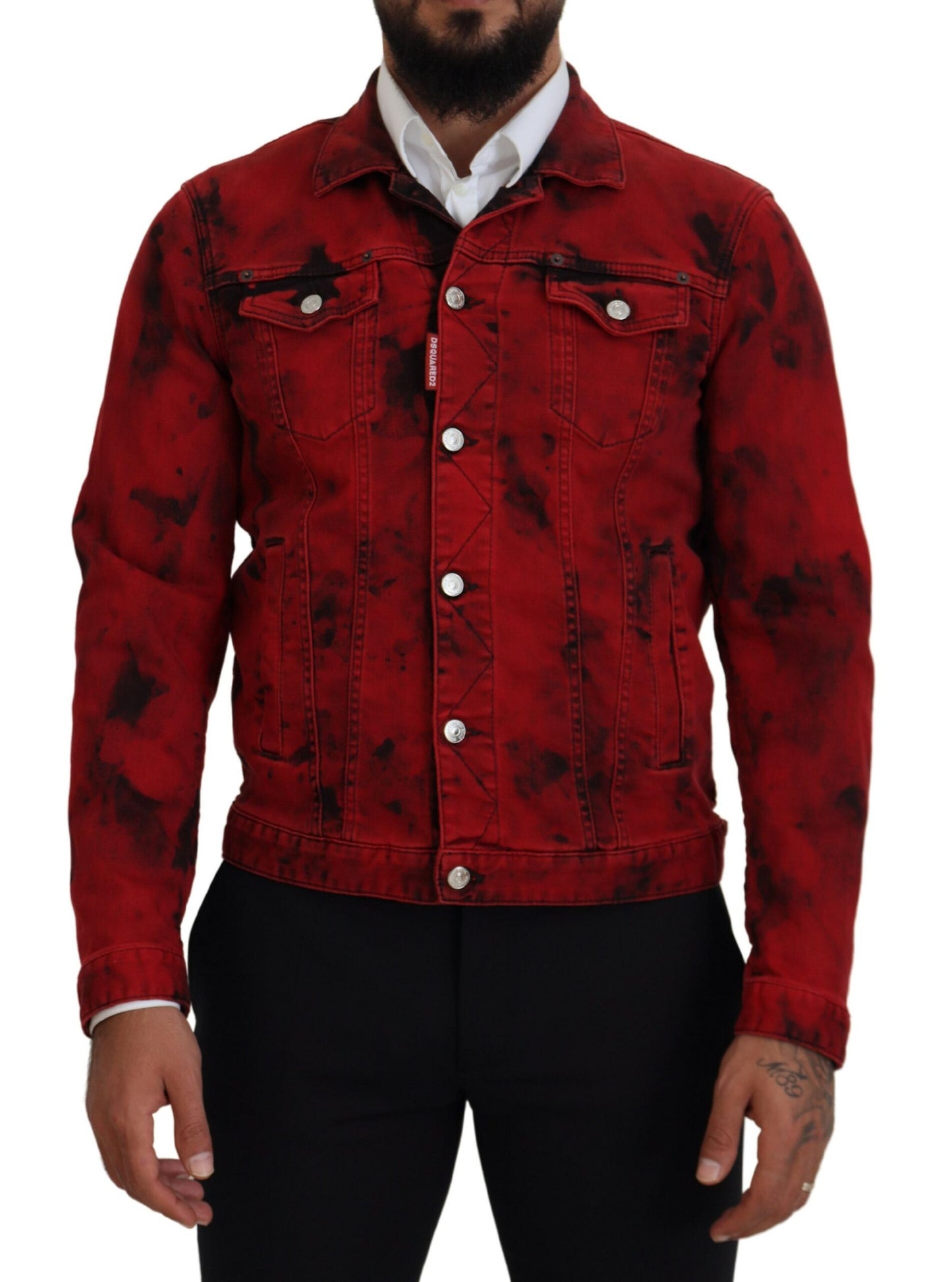  - Red Black Tie Dye Collared Men Denim Jacket