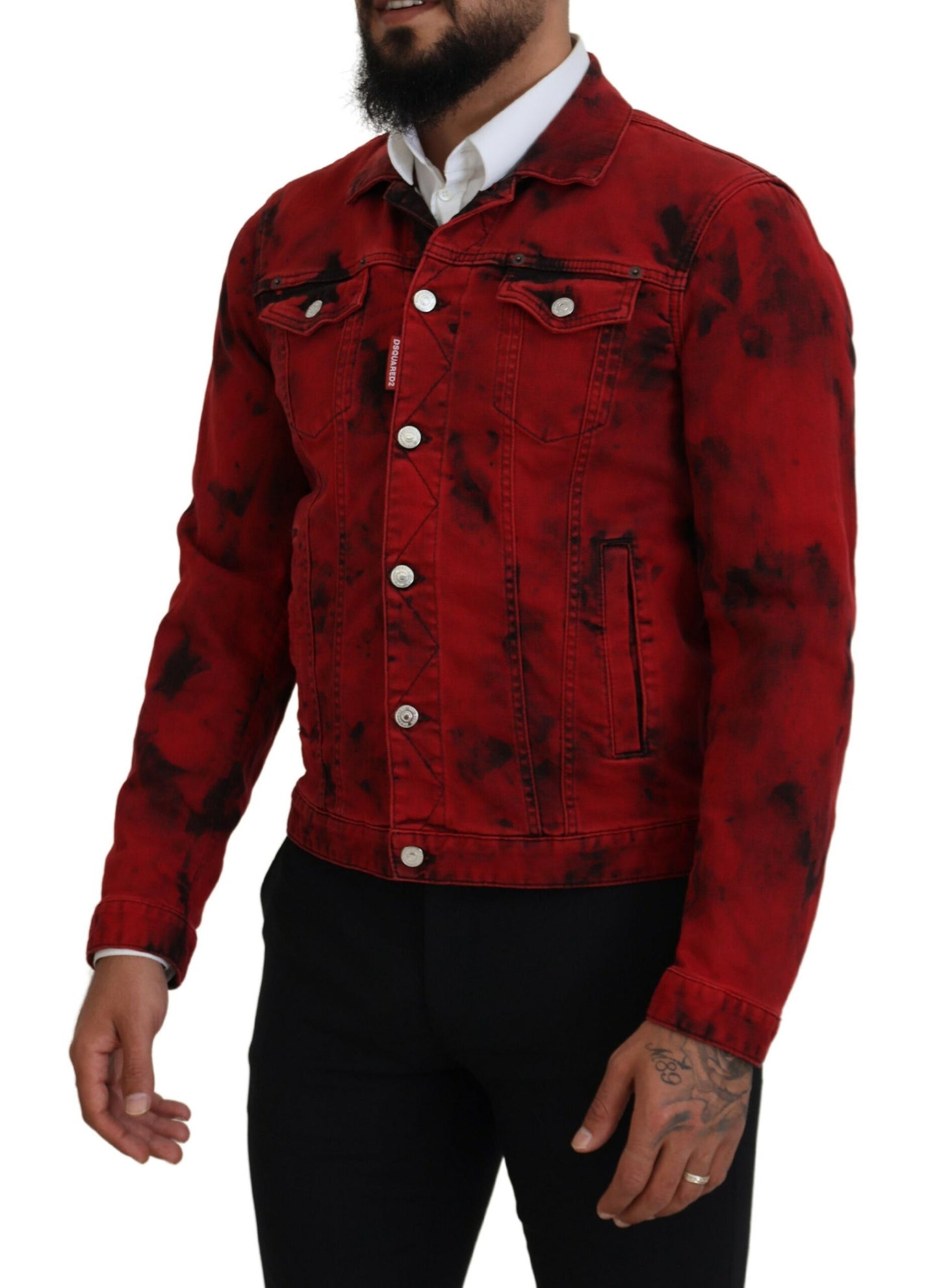  - Red Black Tie Dye Collared Men Denim Jacket