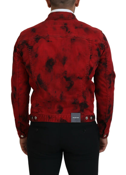 Red Black Tie Dye Collared Men Denim Jacket - The Luxe Alliance