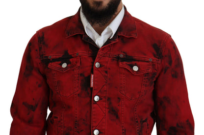  - Red Black Tie Dye Collared Men Denim Jacket