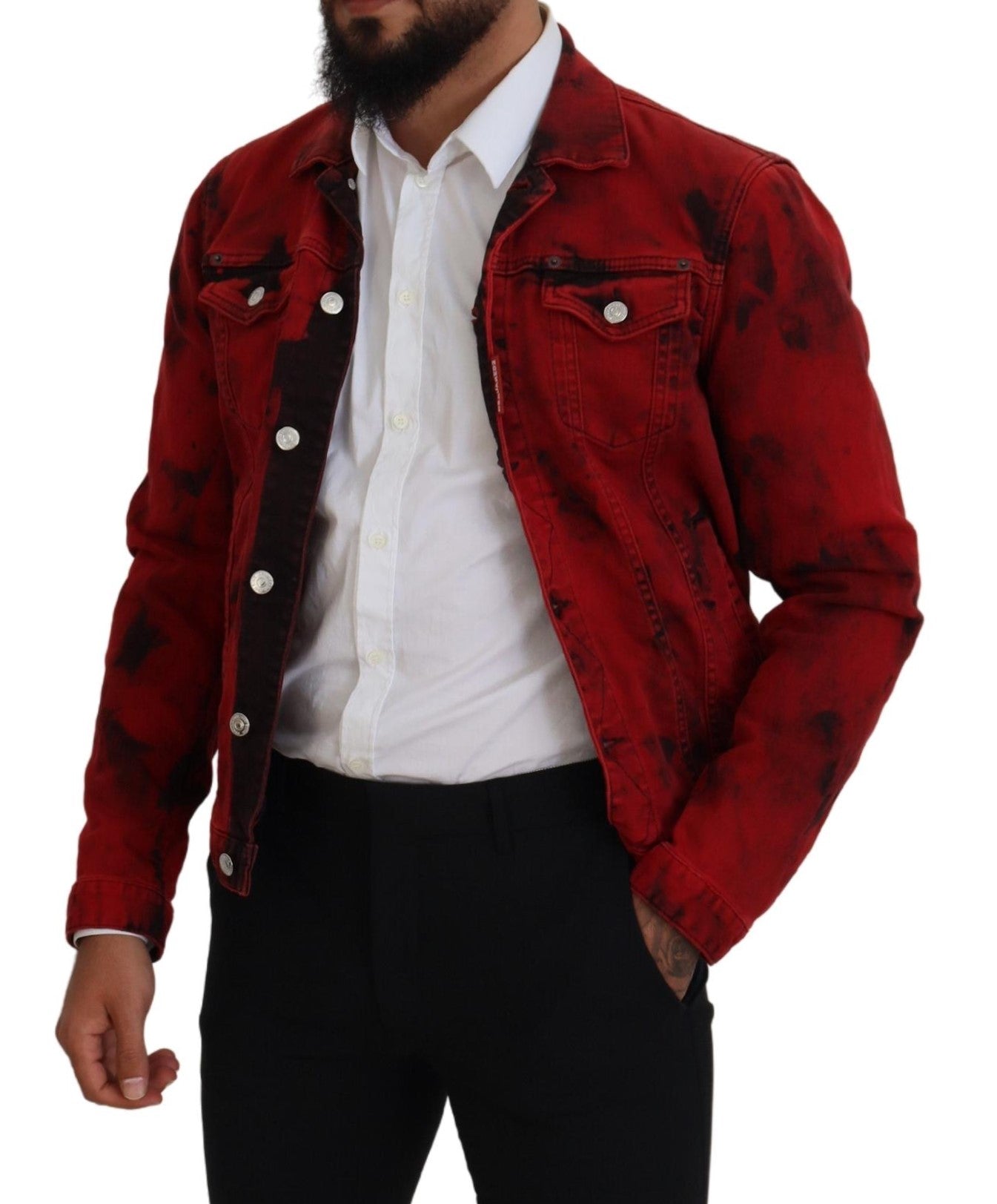  - Red Black Tie Dye Collared Men Denim Jacket