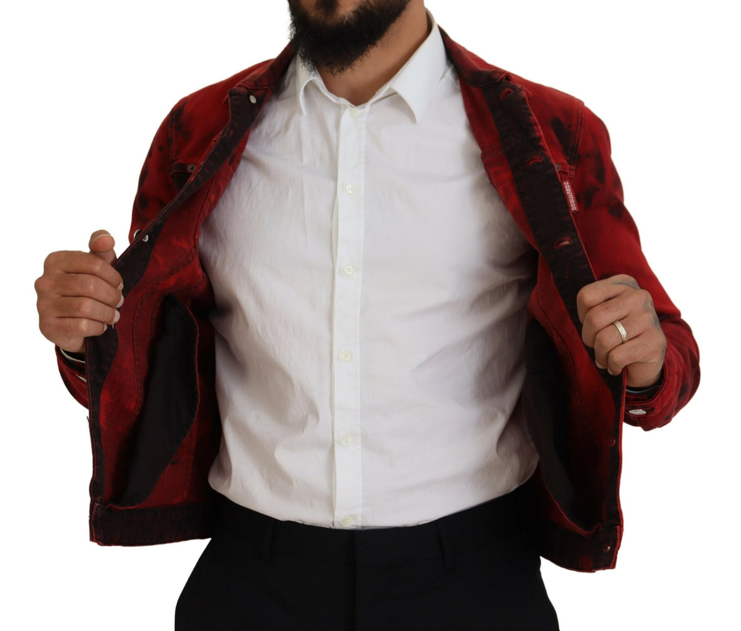  - Red Black Tie Dye Collared Men Denim Jacket