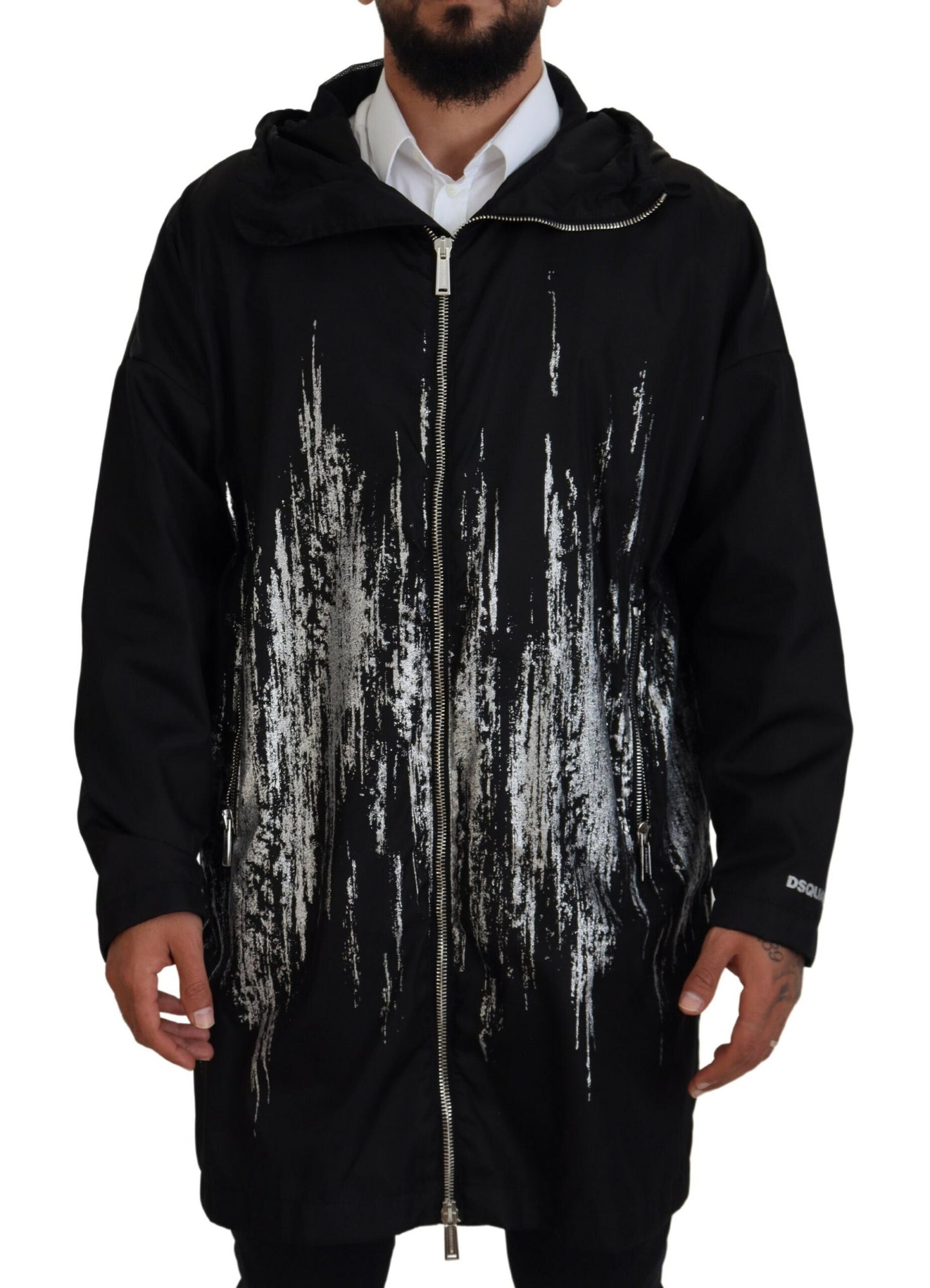  - Black White Print Long Hooded Coat Nylon Jacket