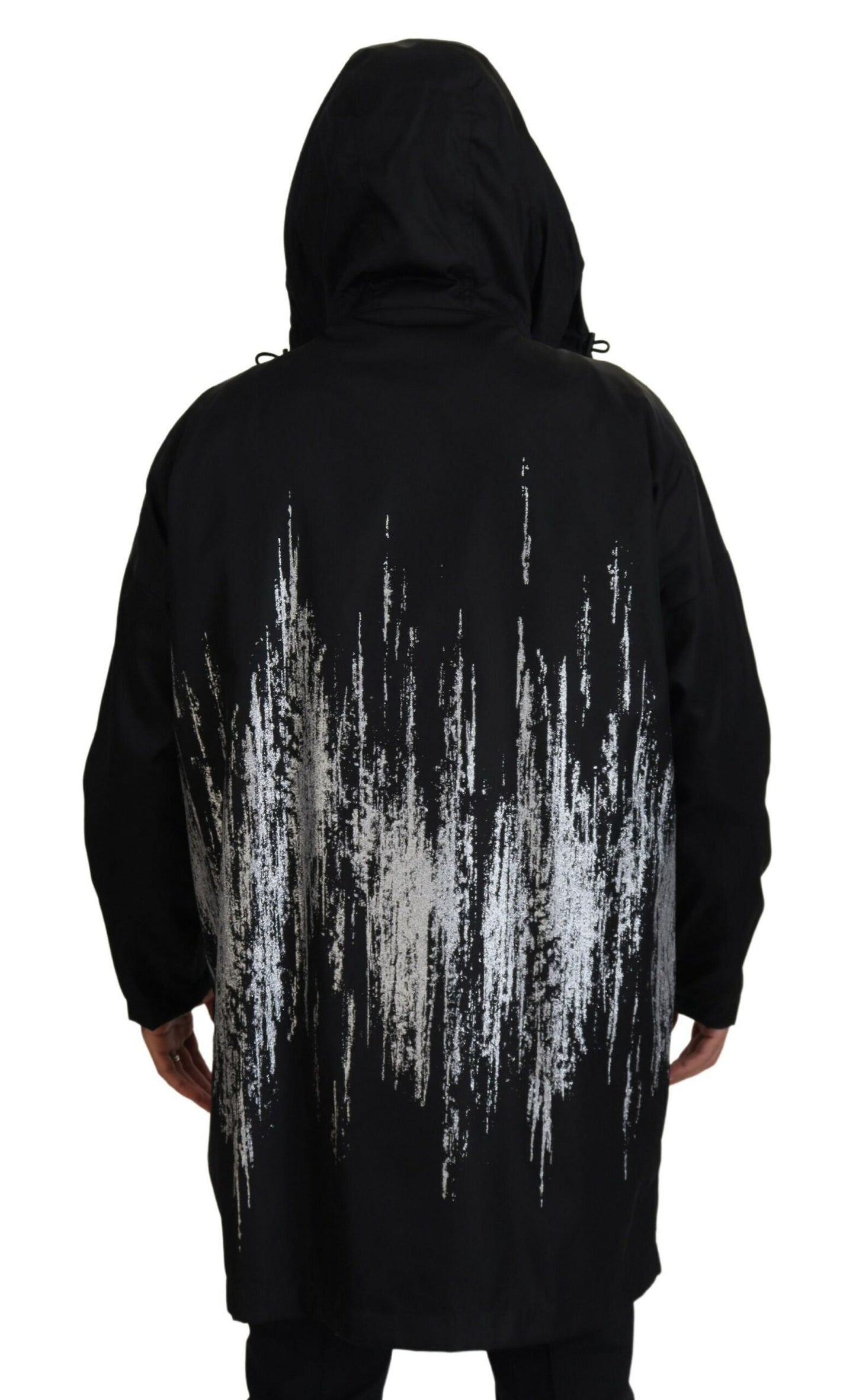  - Black White Print Long Hooded Coat Nylon Jacket