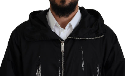  - Black White Print Long Hooded Coat Nylon Jacket