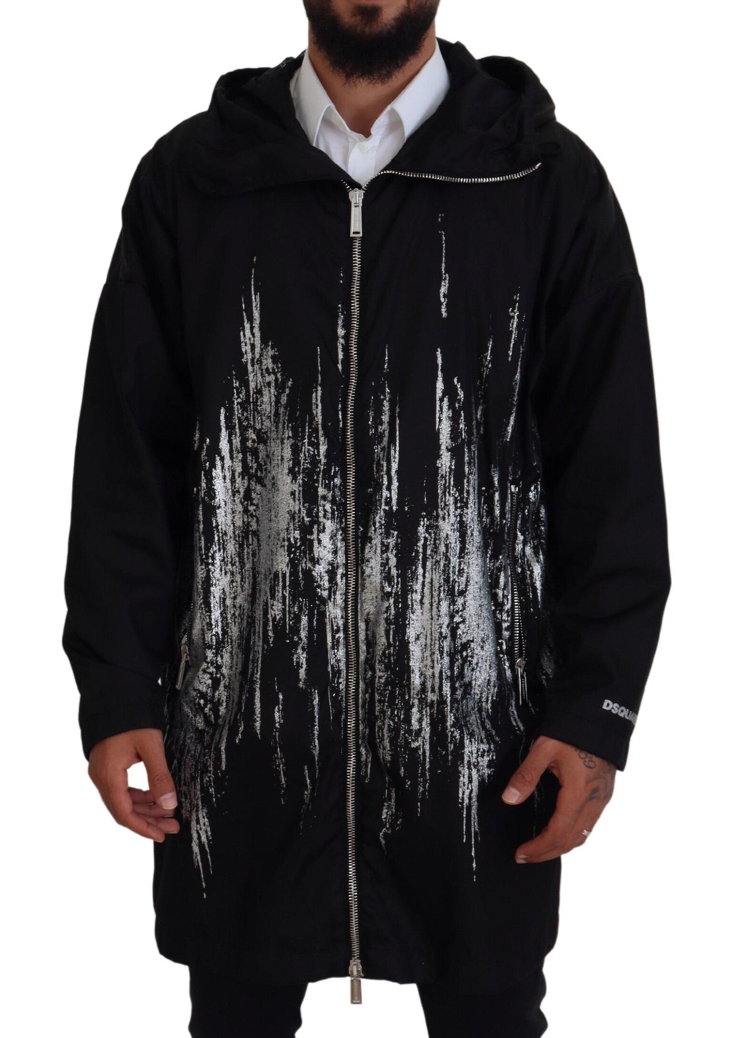  - Black White Print Long Hooded Coat Nylon Jacket