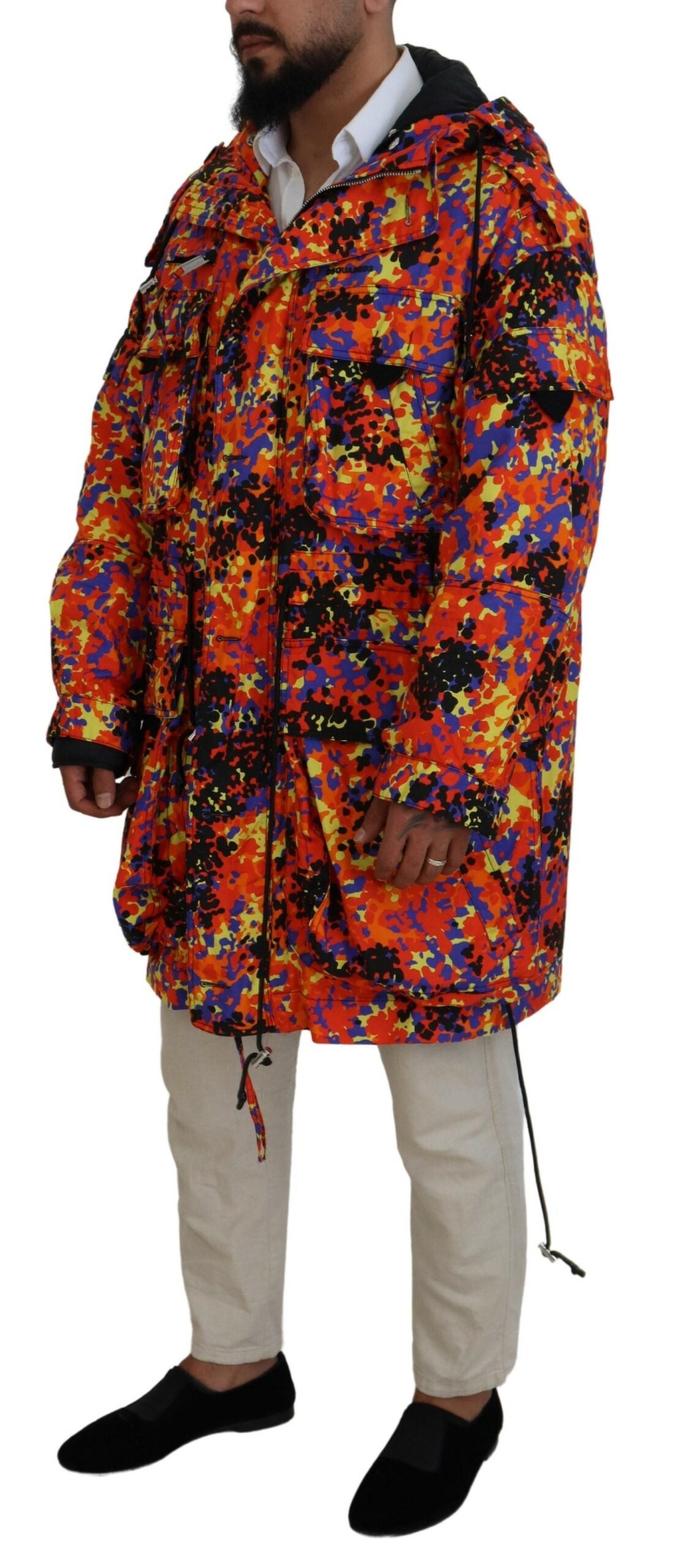  - Multicolor Long Hooded Cargo Pocket Coat Jacket