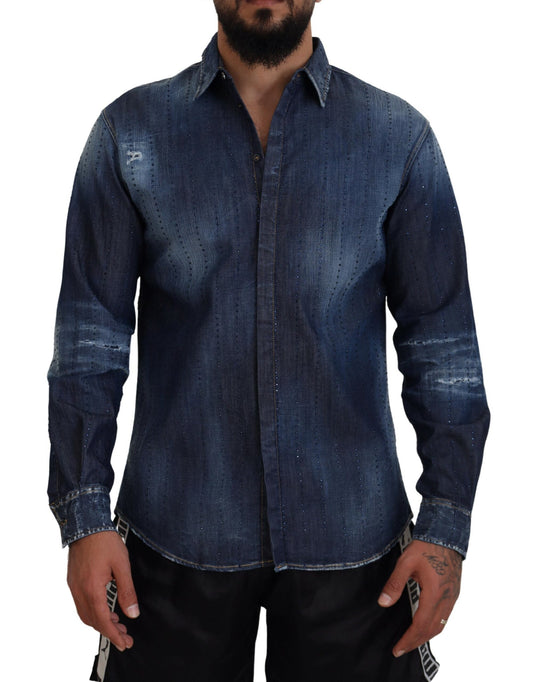  - Blue Tattered Crystal Embellished Denim Shirt