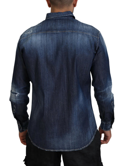  - Blue Tattered Crystal Embellished Denim Shirt