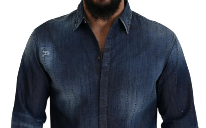  - Blue Tattered Crystal Embellished Denim Shirt