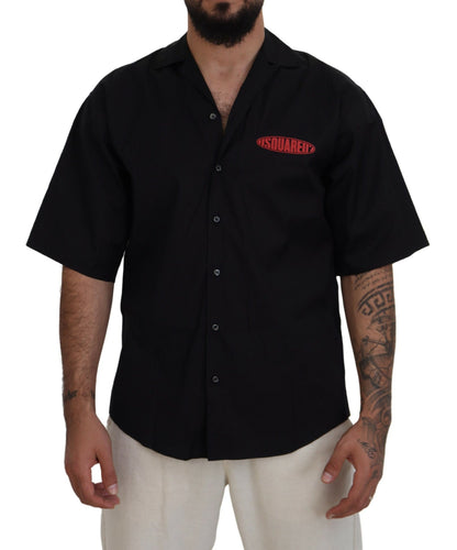  - Black Cotton Collared Logo Print Short Sleeve Shirt