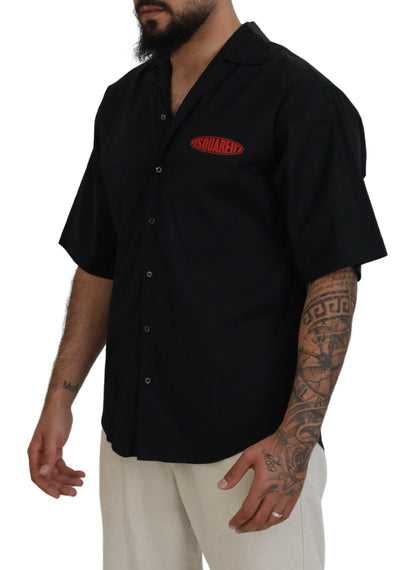 Black Cotton Collared Logo Print Short Sleeve Shirt - The Luxe Alliance