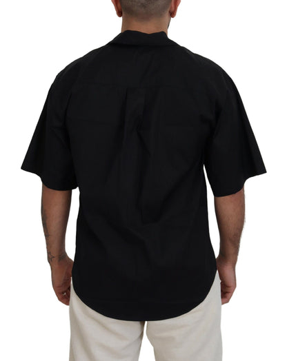 Black Cotton Collared Logo Print Short Sleeve Shirt - The Luxe Alliance