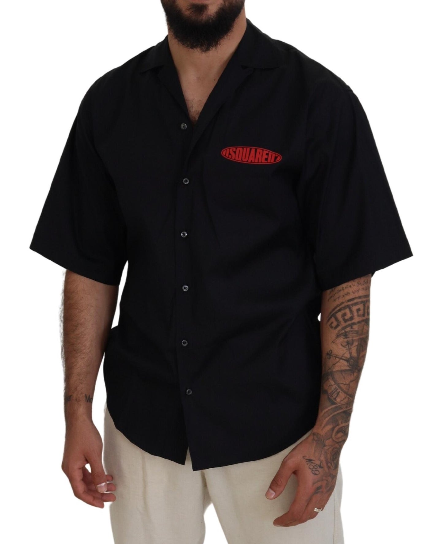 Black Cotton Collared Logo Print Short Sleeve Shirt - The Luxe Alliance