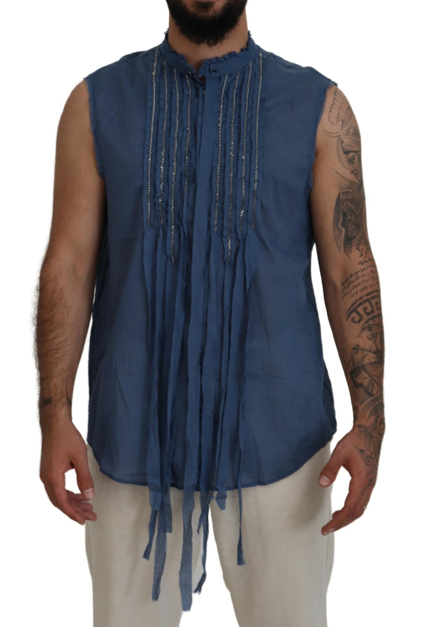 Blue Cotton Chain Embellishment Sleeveless Shirt - The Luxe Alliance