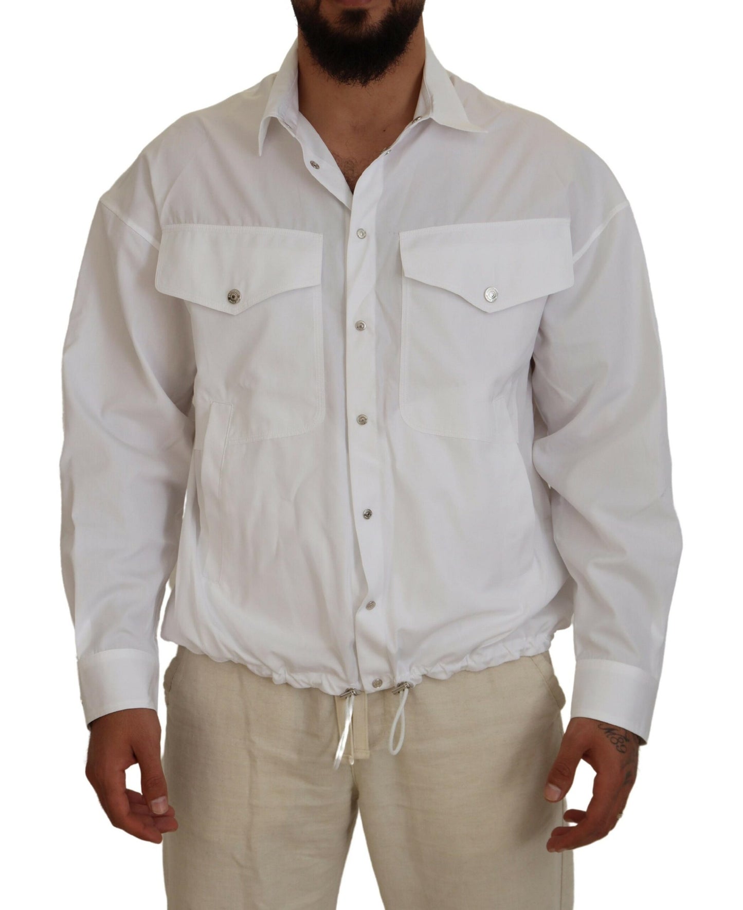 White Cotton Collared Casual Men Long Sleeves Jacket - The Luxe Alliance