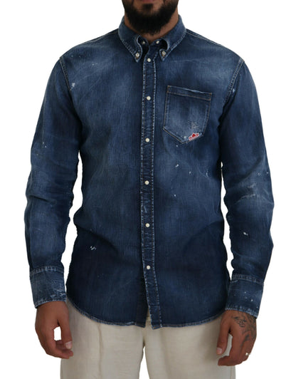 Blue Washed Collared Men Casual Long Sleeves Shirt - The Luxe Alliance