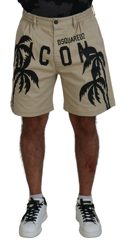 Beige Cotton Logo Printed Above Knee Shorts - The Luxe Alliance