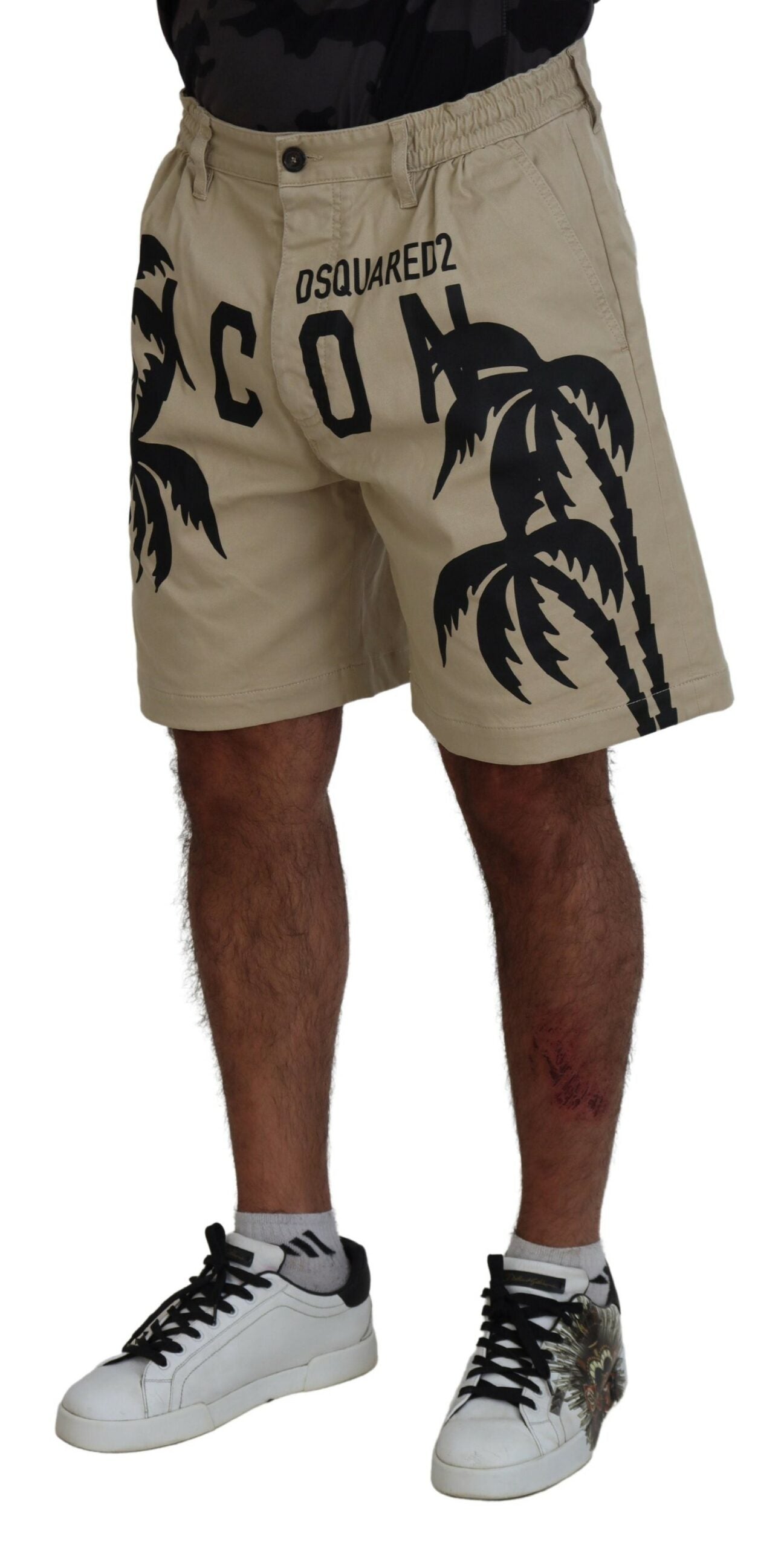 Beige Cotton Logo Printed Above Knee Shorts - The Luxe Alliance