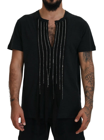 Black Chain Embellished Cotton Short Sleeve T-shirt - The Luxe Alliance