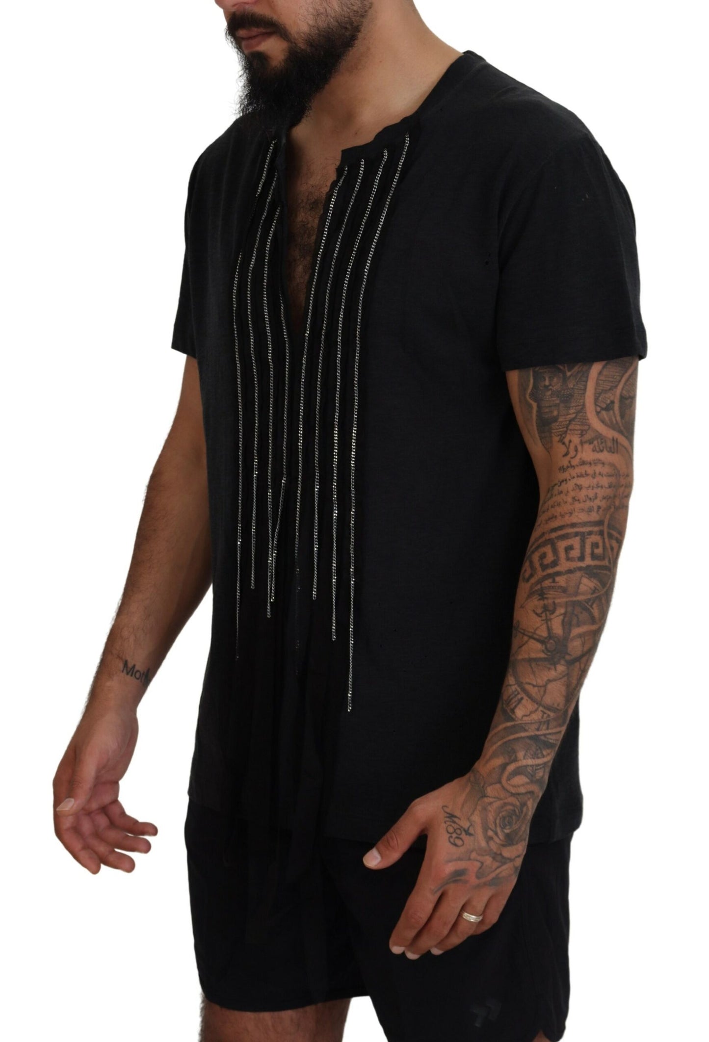 Black Chain Embellished Cotton Short Sleeve T-shirt - The Luxe Alliance