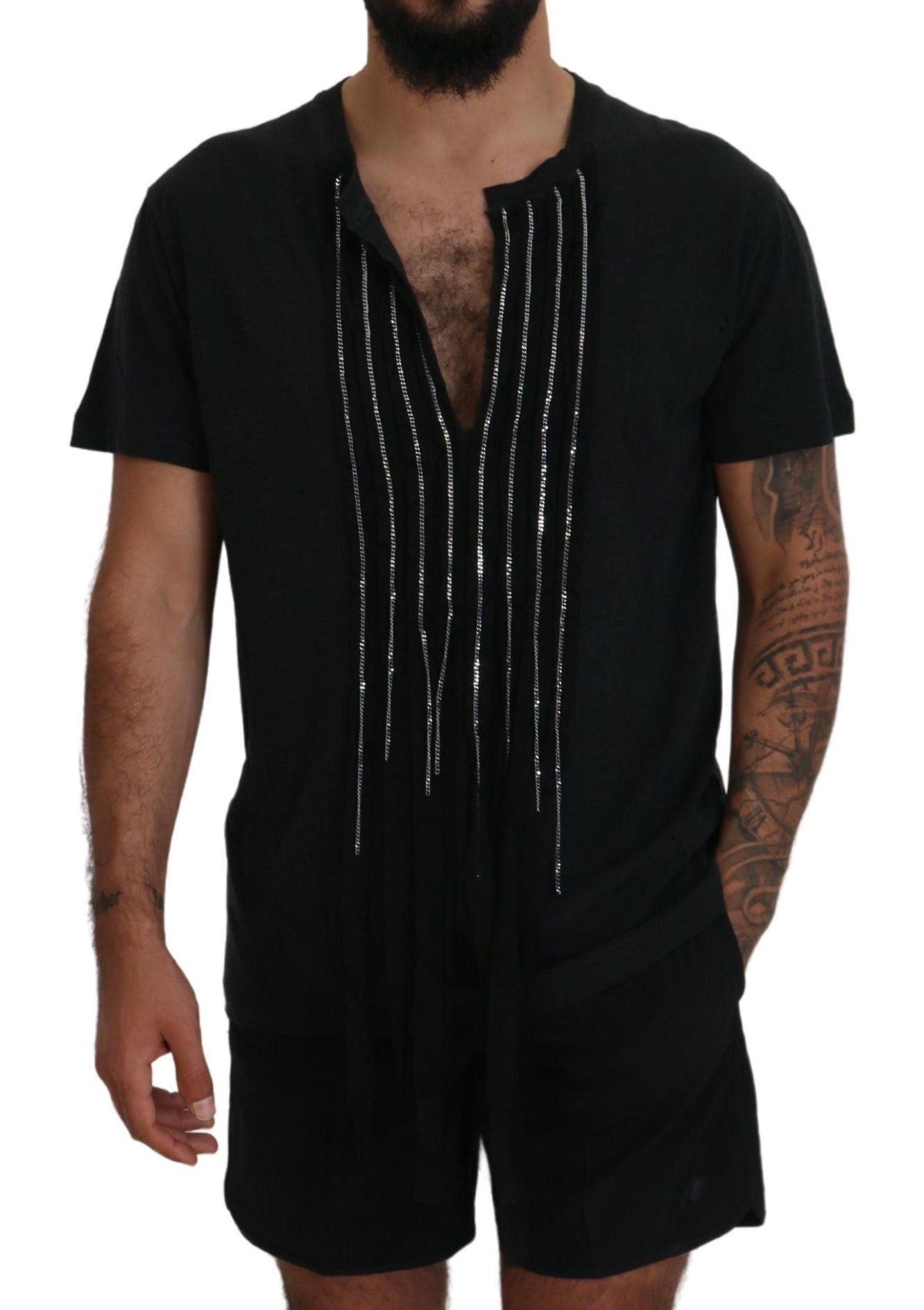 Black Chain Embellished Cotton Short Sleeve T-shirt - The Luxe Alliance