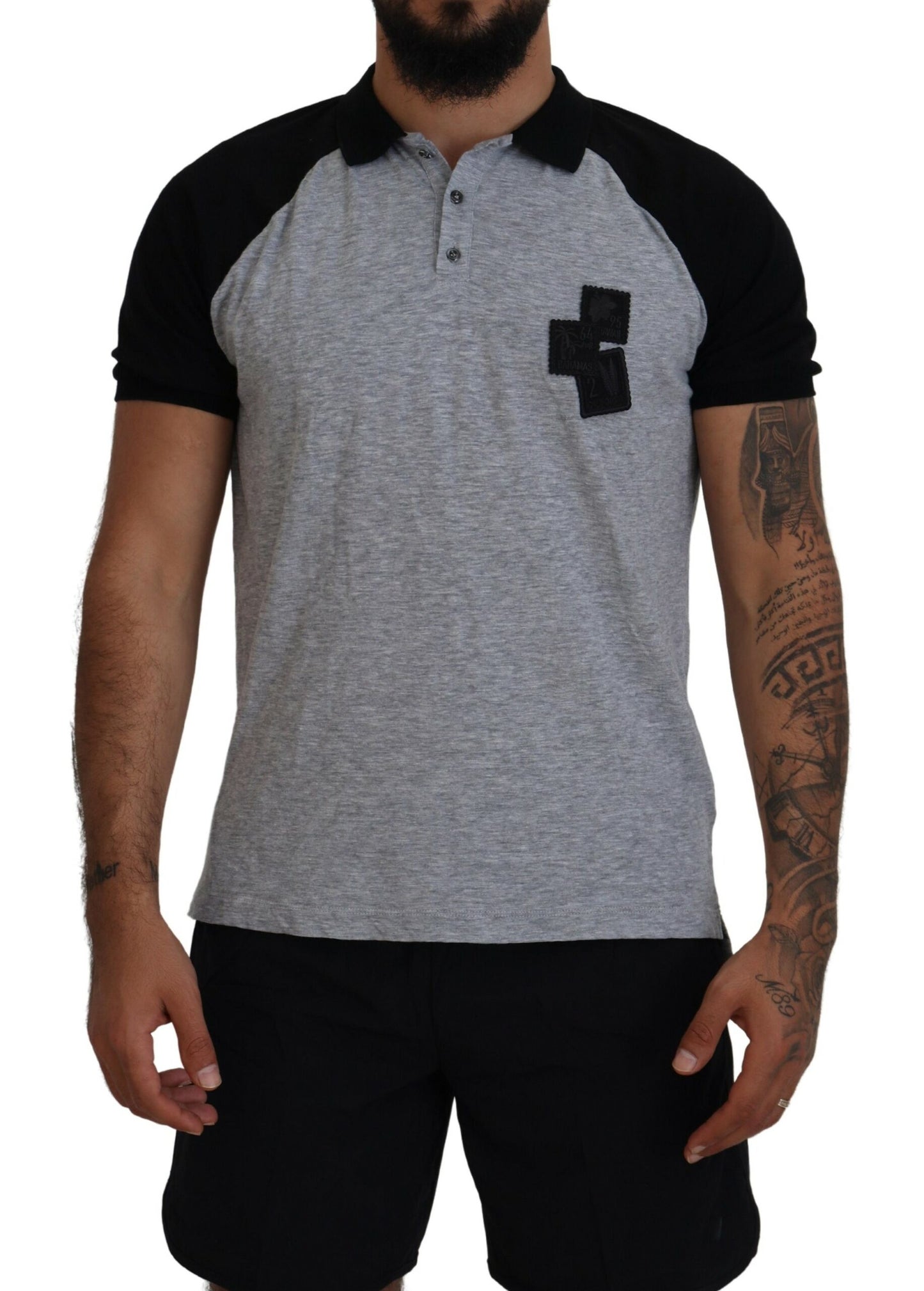 Gray Black Cotton Short Sleeves Collared T-shirt - The Luxe Alliance