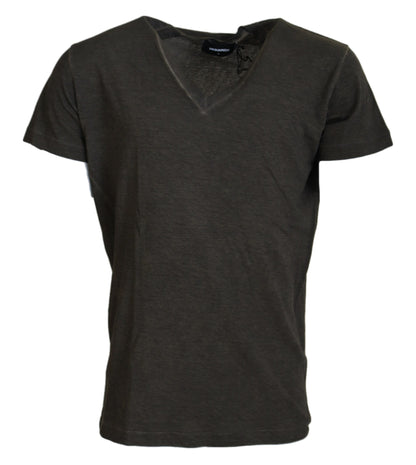 Gray Cotton Linen Short Sleeves V-neck T-shirt - The Luxe Alliance