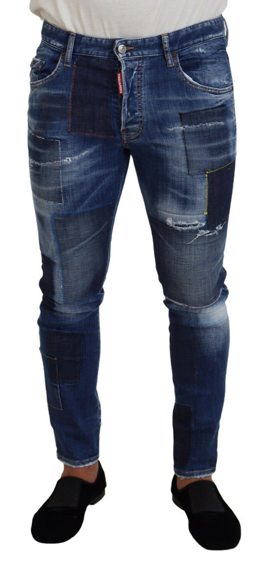  - Blue Washed Patchwork Skinny Men Denim Jeans