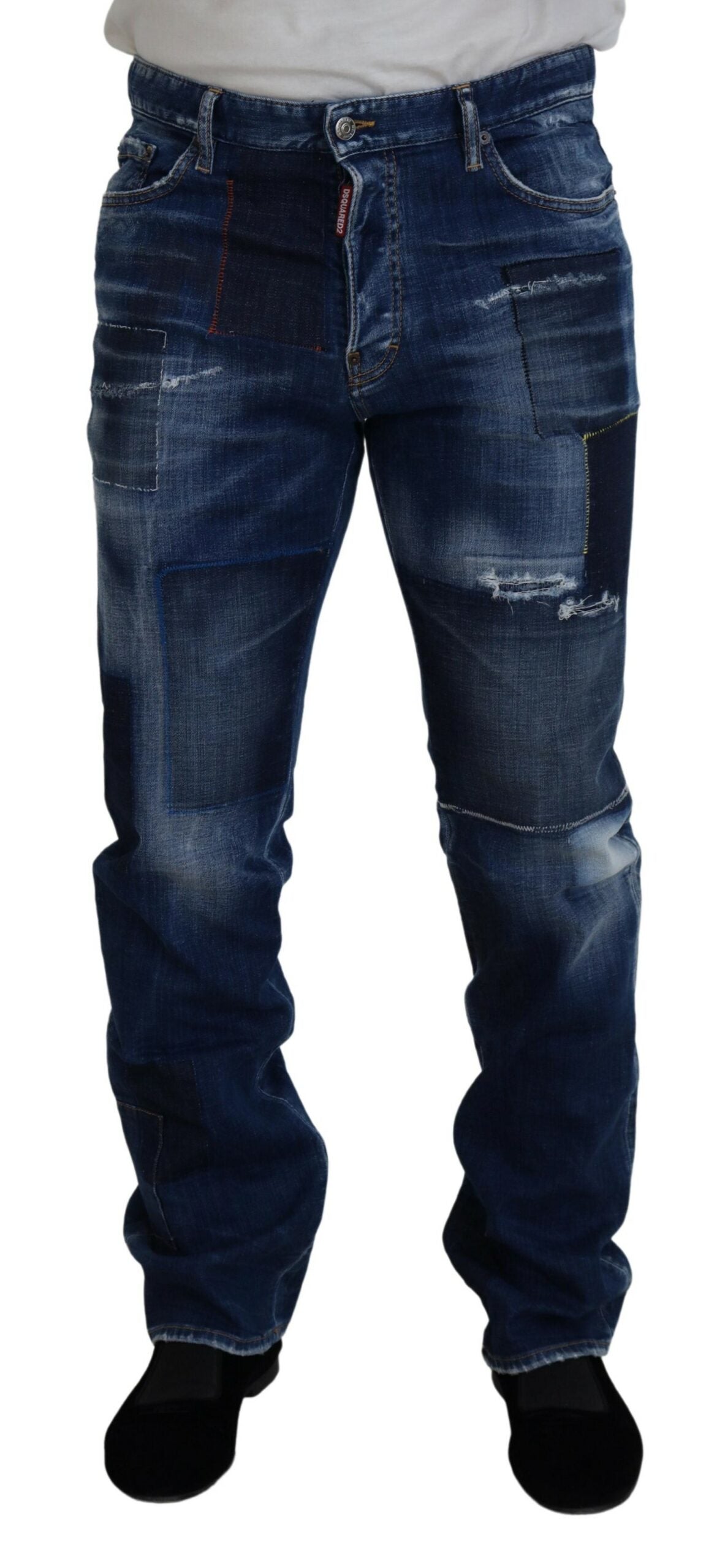 Blue Washed Patchwork Straight Fit Denim Jeans - The Luxe Alliance