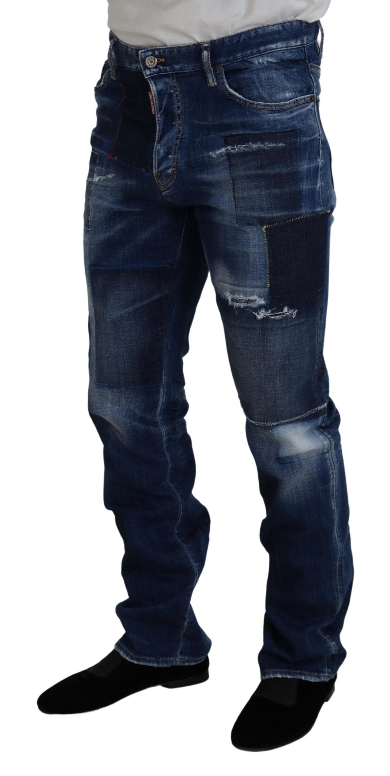 Blue Washed Patchwork Straight Fit Denim Jeans - The Luxe Alliance