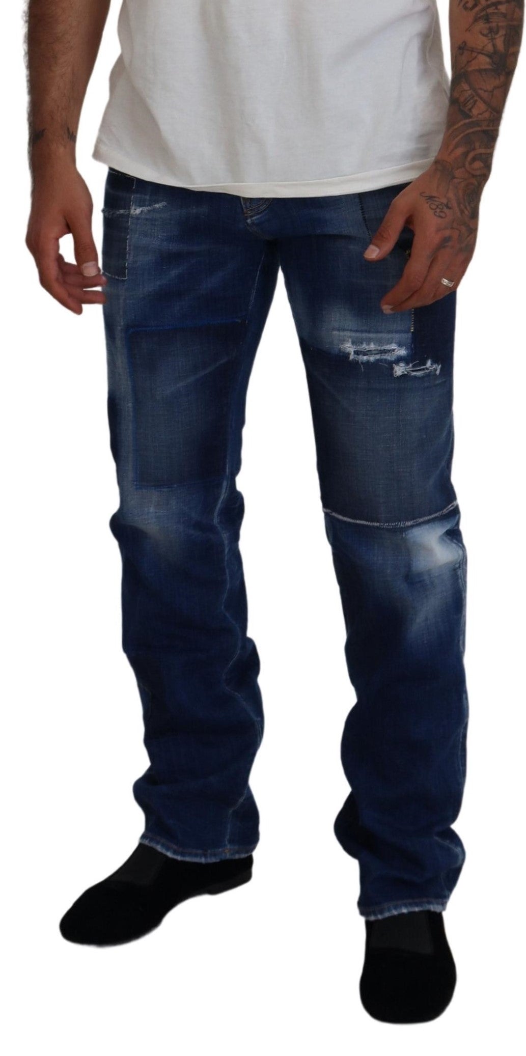 Blue Washed Patchwork Straight Fit Denim Jeans - The Luxe Alliance