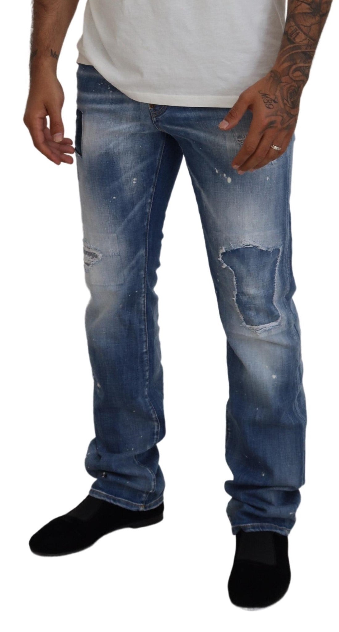 Blue Washed Tattered Straight Fit Casual Denim Jeans