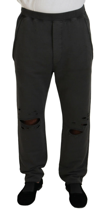  - Dark Gray Cotton Men Casual Tattered Pants