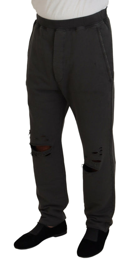  - Dark Gray Cotton Men Casual Tattered Pants