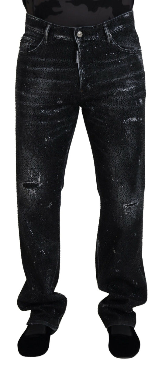  - Black Crystal Embellished Tattered Denim Jeans