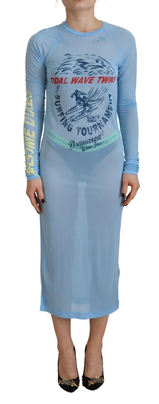 Dsquared2 Blue Printed Viscose Long Sleeves Cover Up Dress